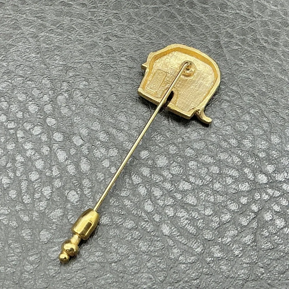 Vintage Crown Trifari Elephant Stick Pin Gold Tone Beige Enamel Lapel Hat 2